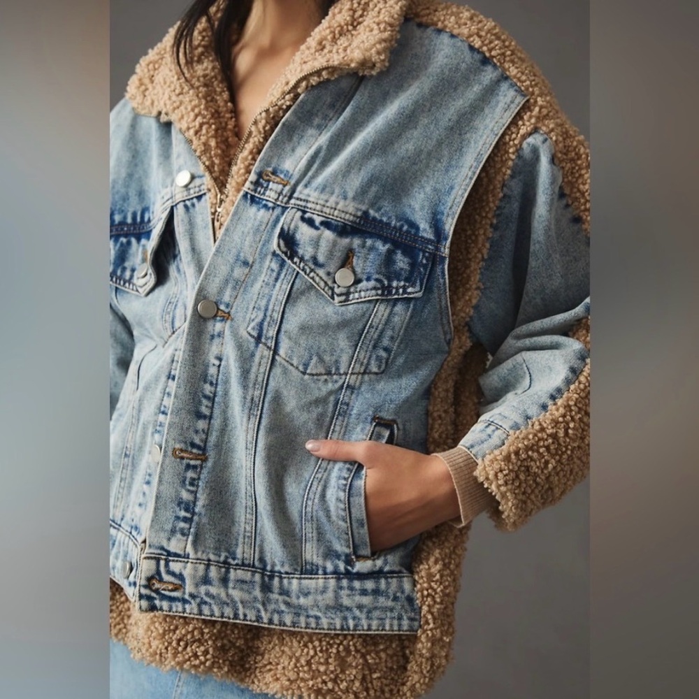 Anthropologie Light Blue Denim and Tan Sherpa Jean Jacket - Picture 6 of 6